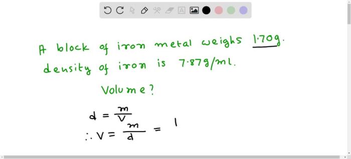 The density of iron is 7.87 g ml